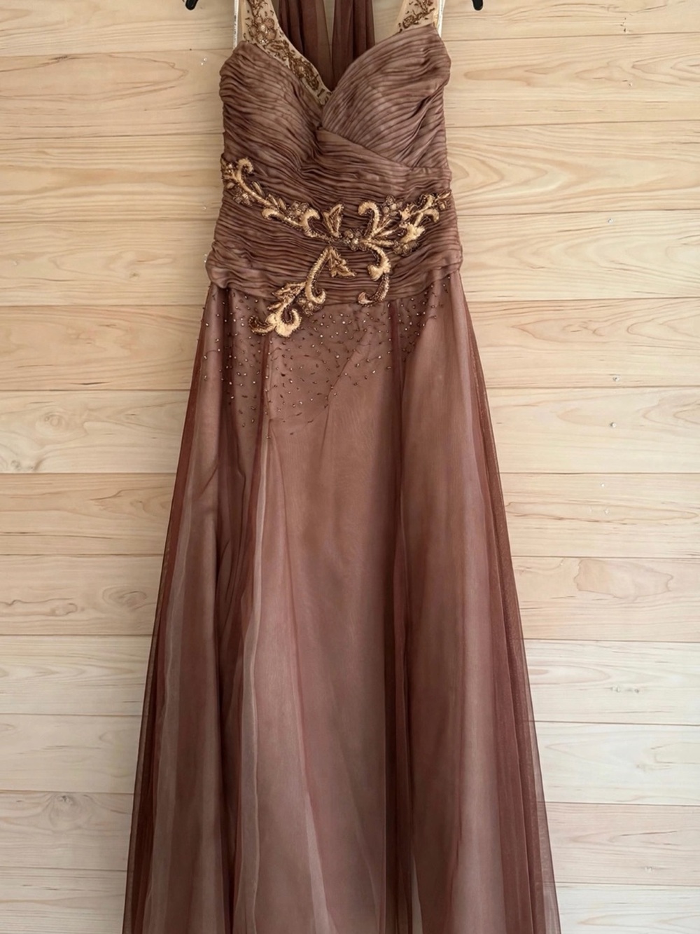 Elegant Brown Embroidered Evening Gown - Women Dresses